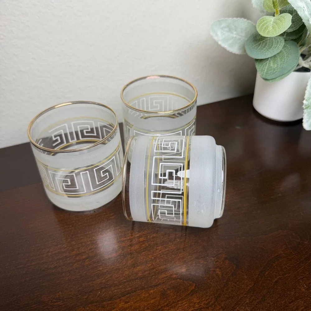 Vintage Frosted Greek Key Rocks Glasses Gold Rim MCM Lowball Set of 3 White Gold